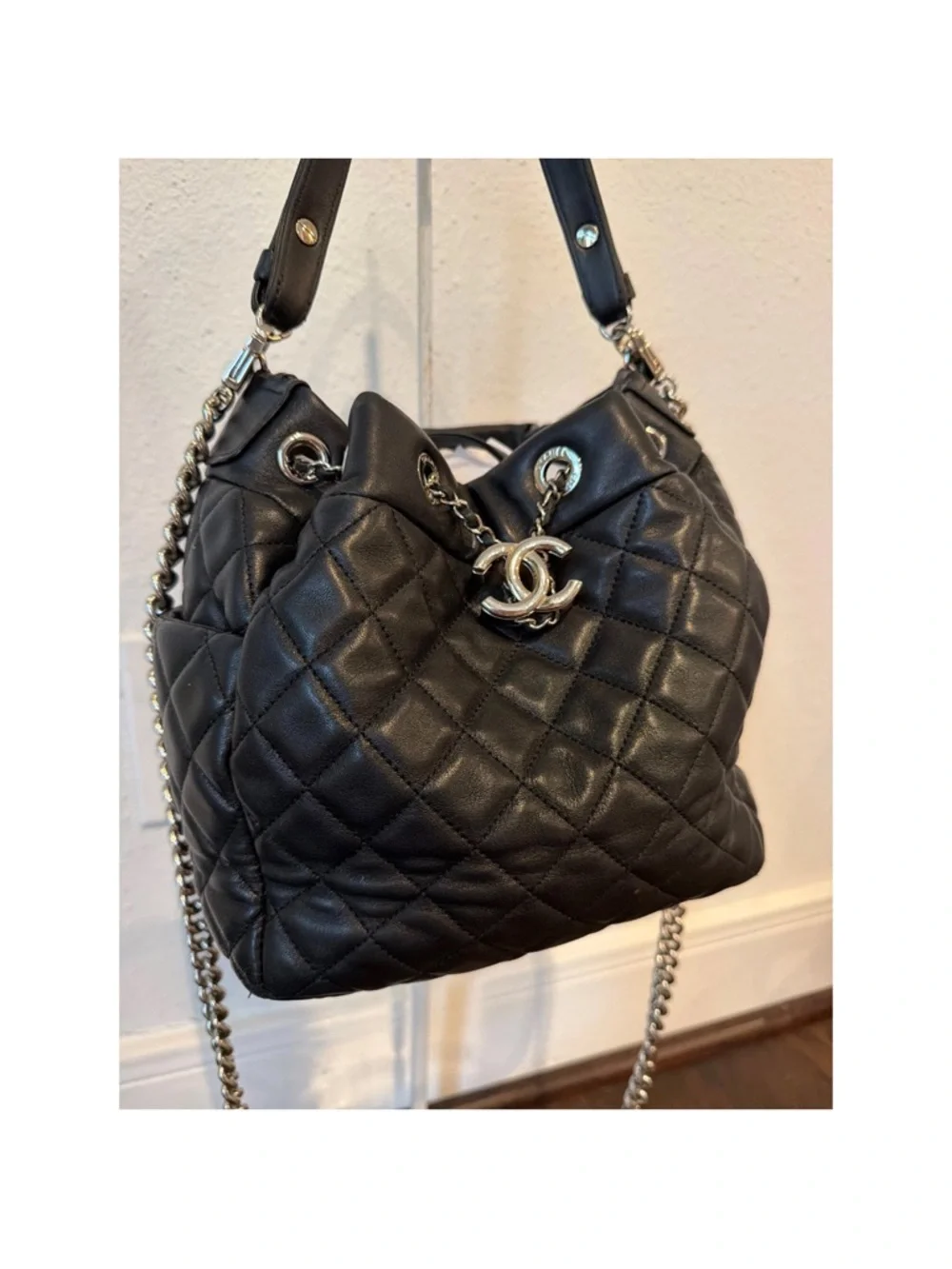 CHANEL Black Quilted Leather Bucket Hobo with Chain Strap
